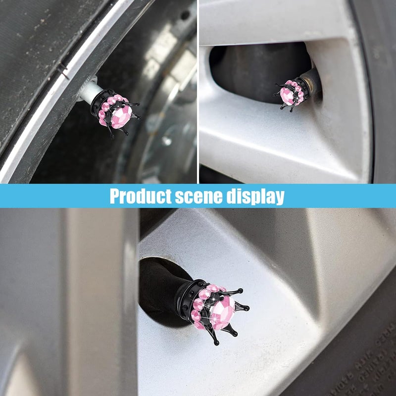 smilfuy 4PCS Crown Tire Valve Stem Caps, Bling Handmade Crystal Rhinestone Wheel Tire Valve Caps Covers Chrome, Attractive Dustproof Bling Car Accessories, Universal for Car SUV Truck (Pink Black) - Image 5